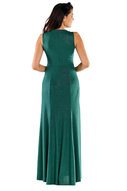 Sukienka maxi elegancka brokatowa z rozcięciami bez rękawów zielona